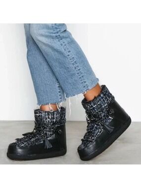 Inuikii Black White Tartan Tweed Sherpa lined chain detail Winter Boots EU 38/7